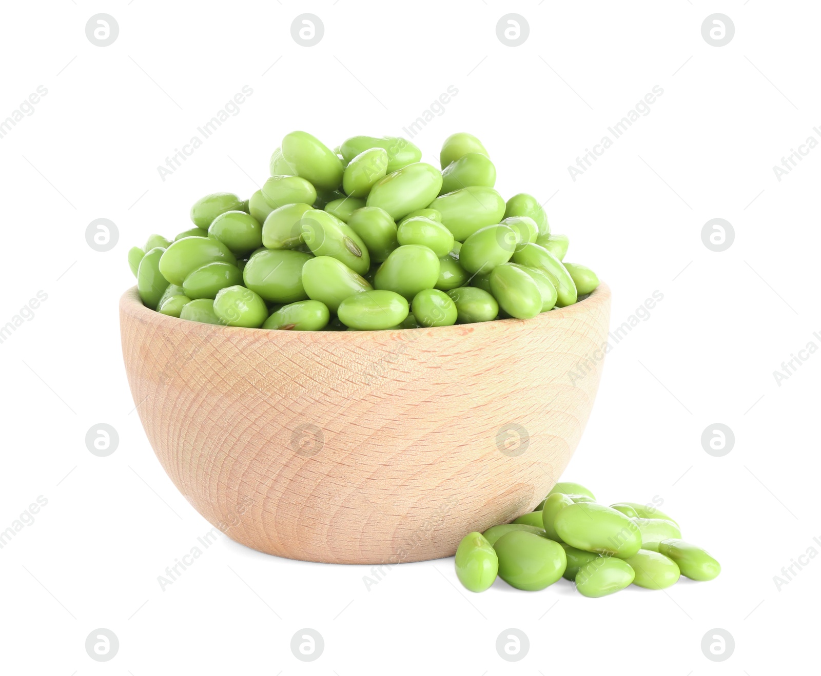 Photo of Raw green edamame soybeans in bowl isolated on white