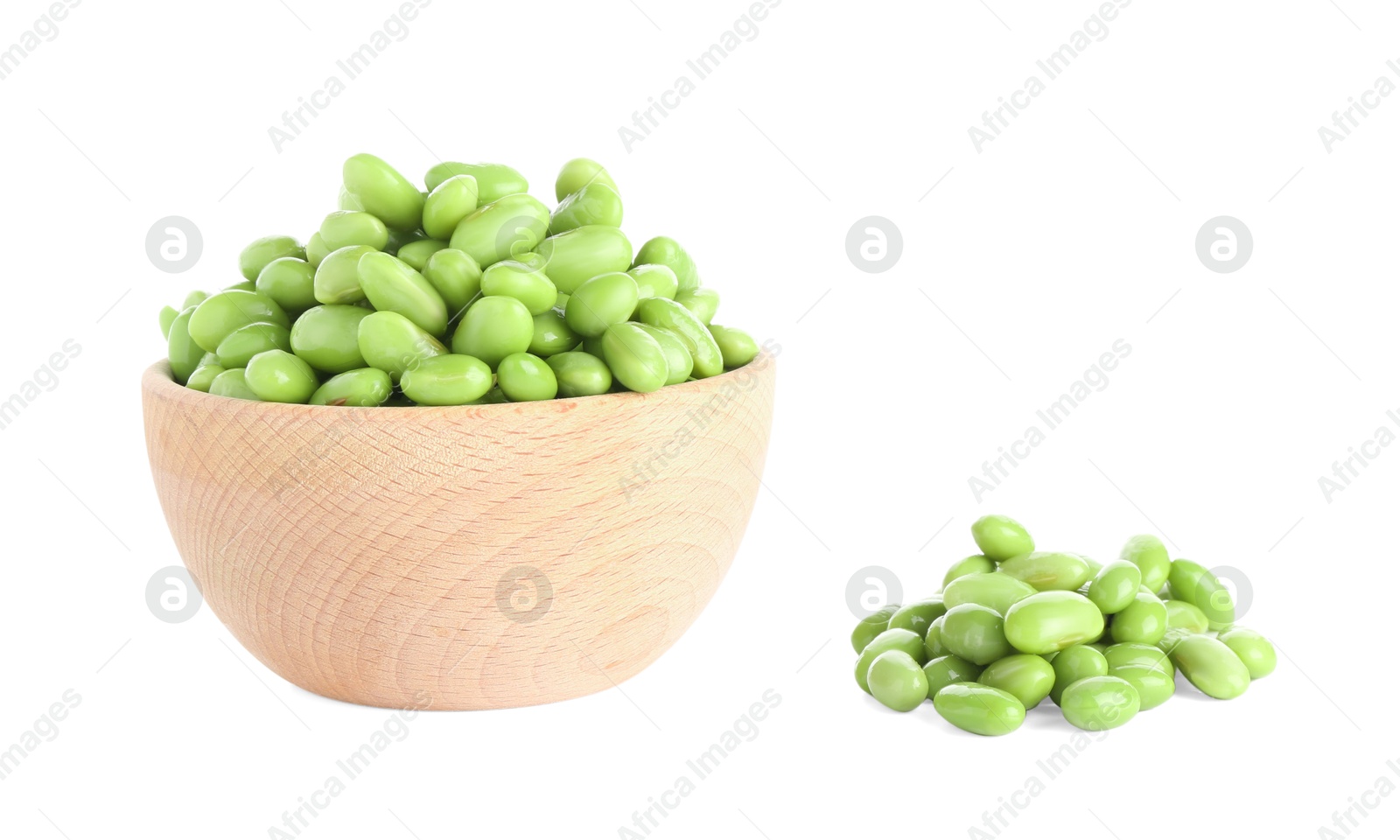 Photo of Raw green edamame soybeans in bowl isolated on white