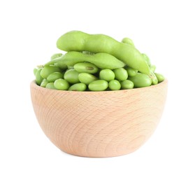 Photo of Raw green edamame soybeans and pods isolated on white