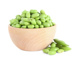 Photo of Raw green edamame soybeans and pods isolated on white