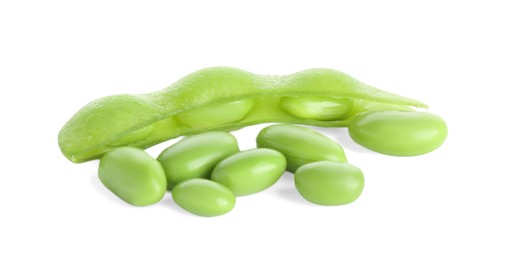 Photo of Raw green edamame pod with soybeans isolated on white