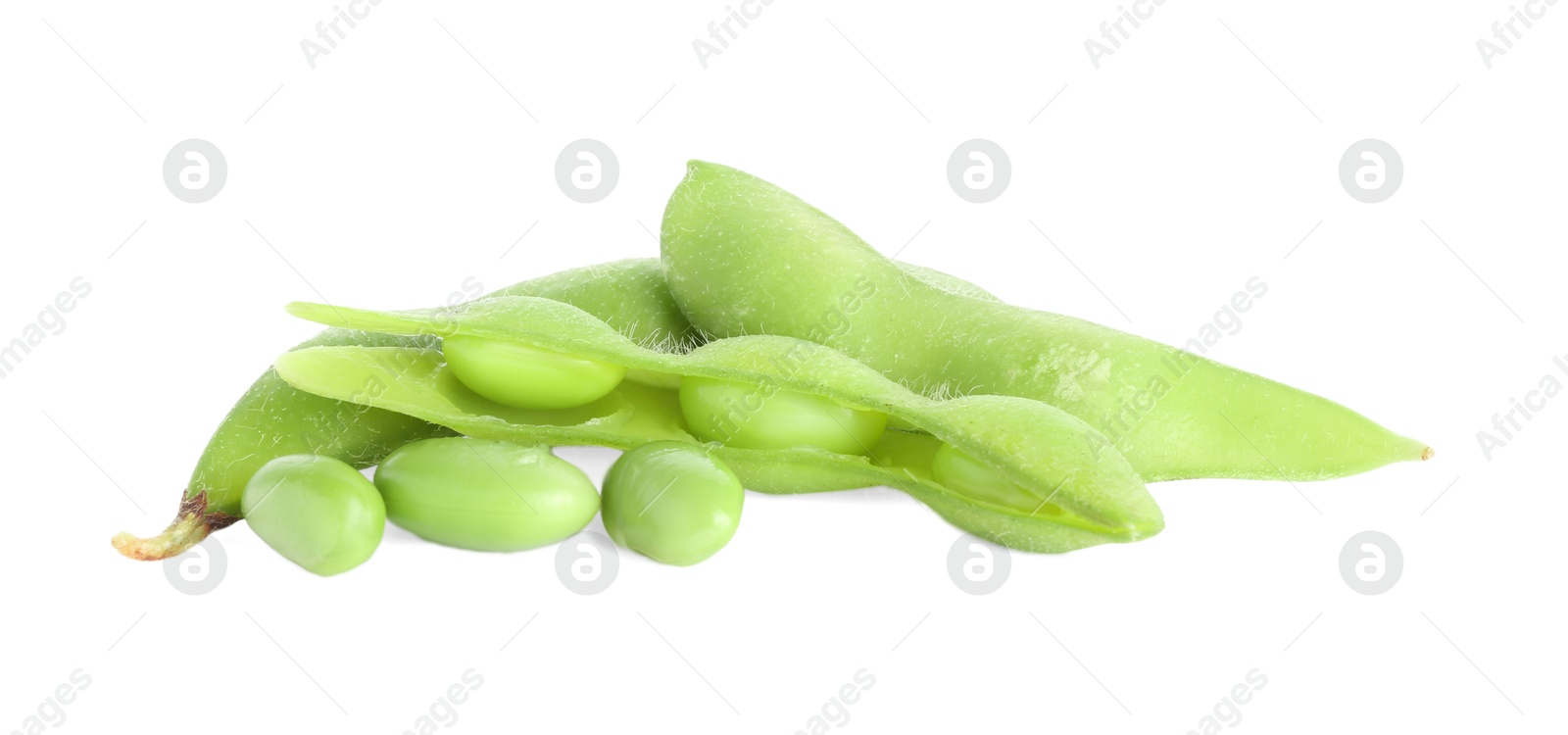 Photo of Raw green edamame pods with soybeans isolated on white