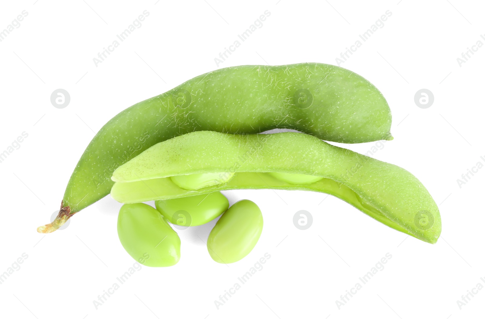 Photo of Raw green edamame pods with soybeans isolated on white, top view