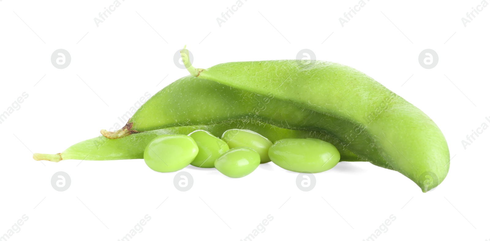 Photo of Raw green edamame pods with soybeans isolated on white