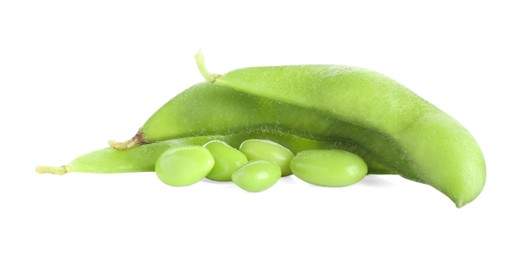 Photo of Raw green edamame pods with soybeans isolated on white