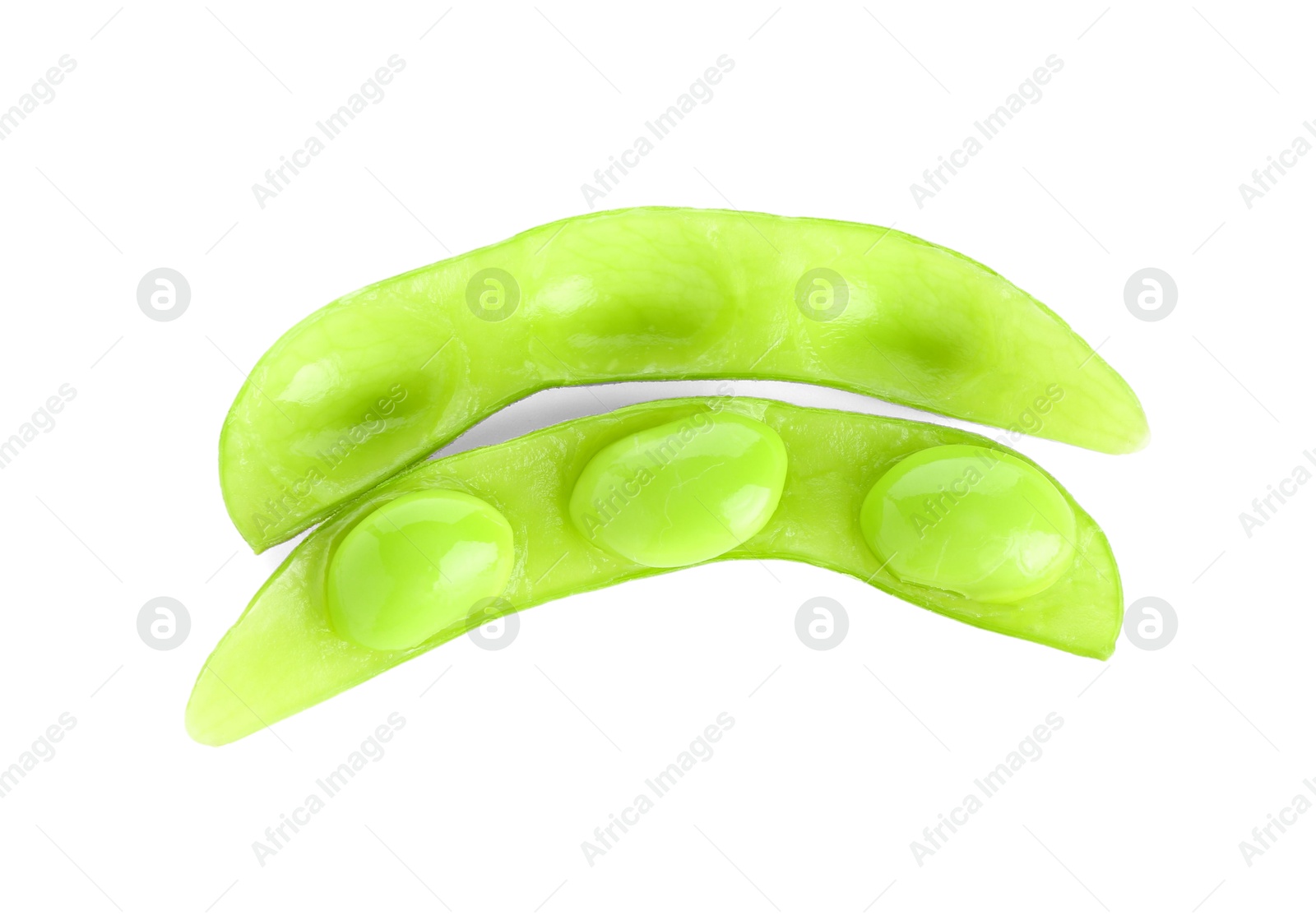 Photo of Raw green edamame pod with soybeans isolated on white, top view