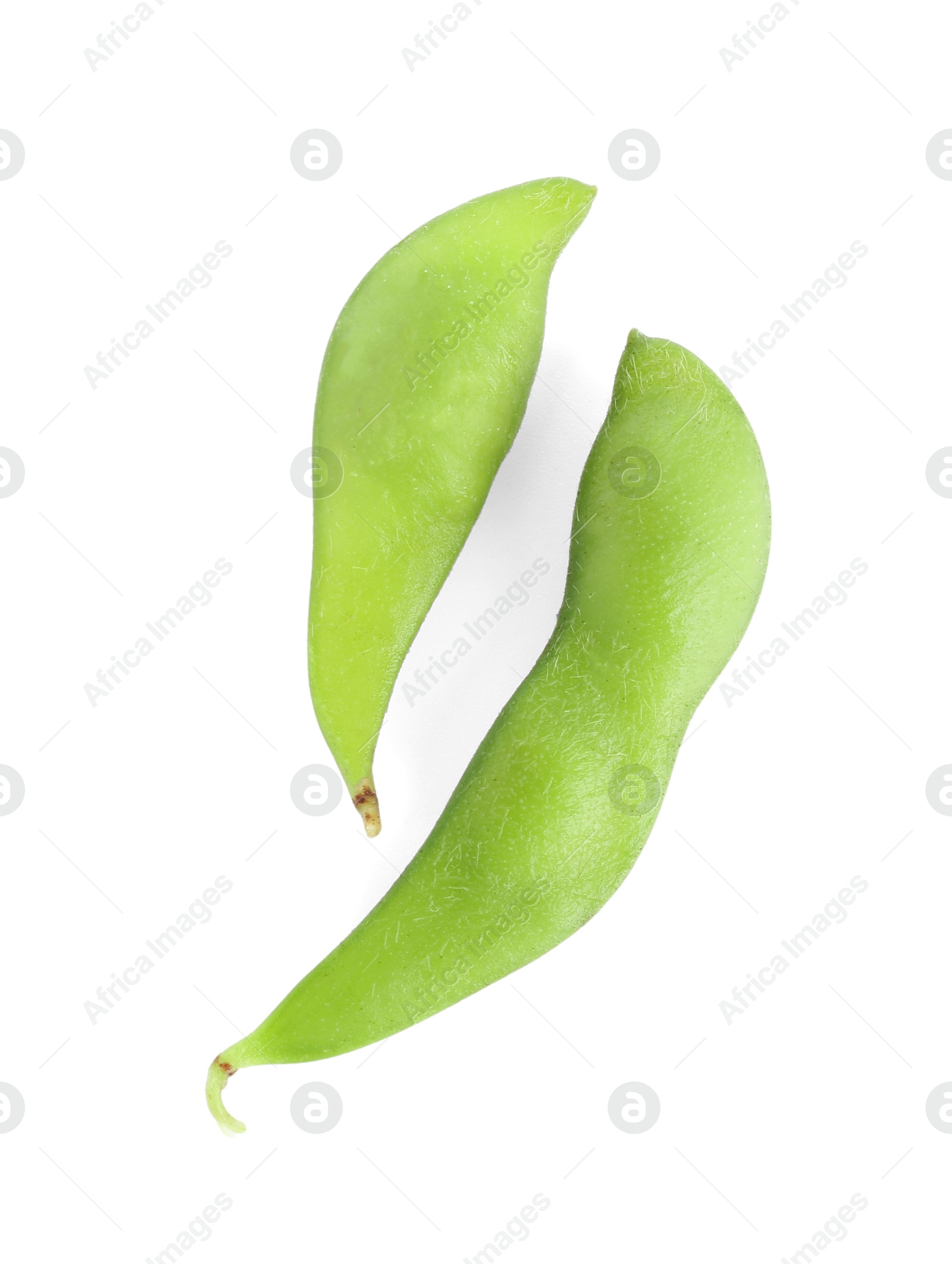 Photo of Raw green edamame soybeans isolated on white, top view