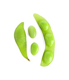 Photo of Raw green edamame pods with soybeans isolated on white