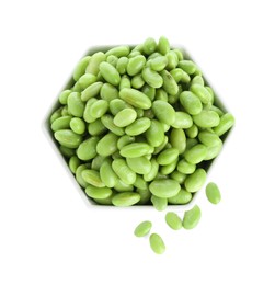 Photo of Raw green edamame soybeans in bowl isolated on white, top view