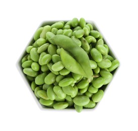 Photo of Raw green edamame soybeans and pods isolated on white, top view