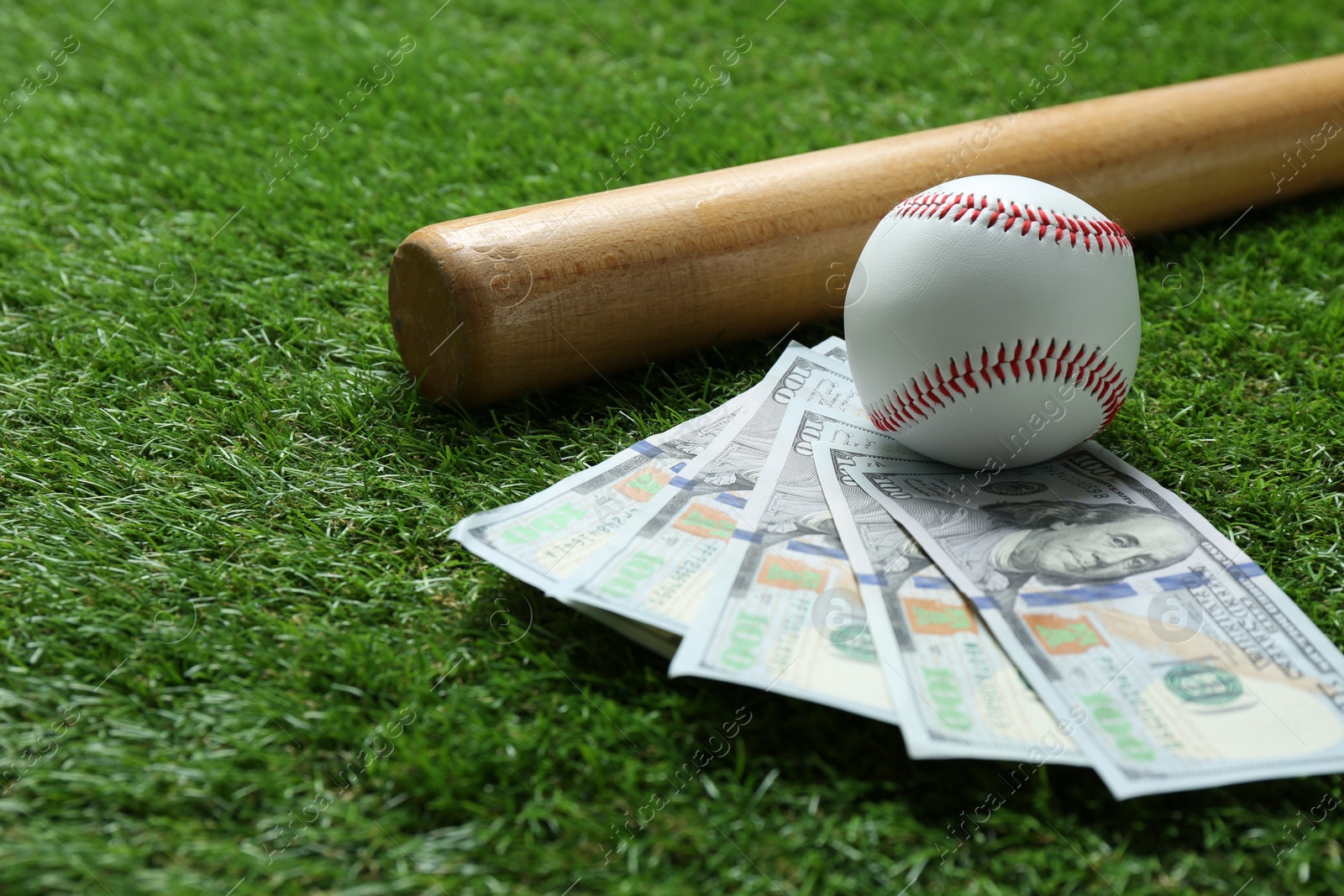 Photo of Baseball ball, bat and dollar banknotes on green grass outdoors