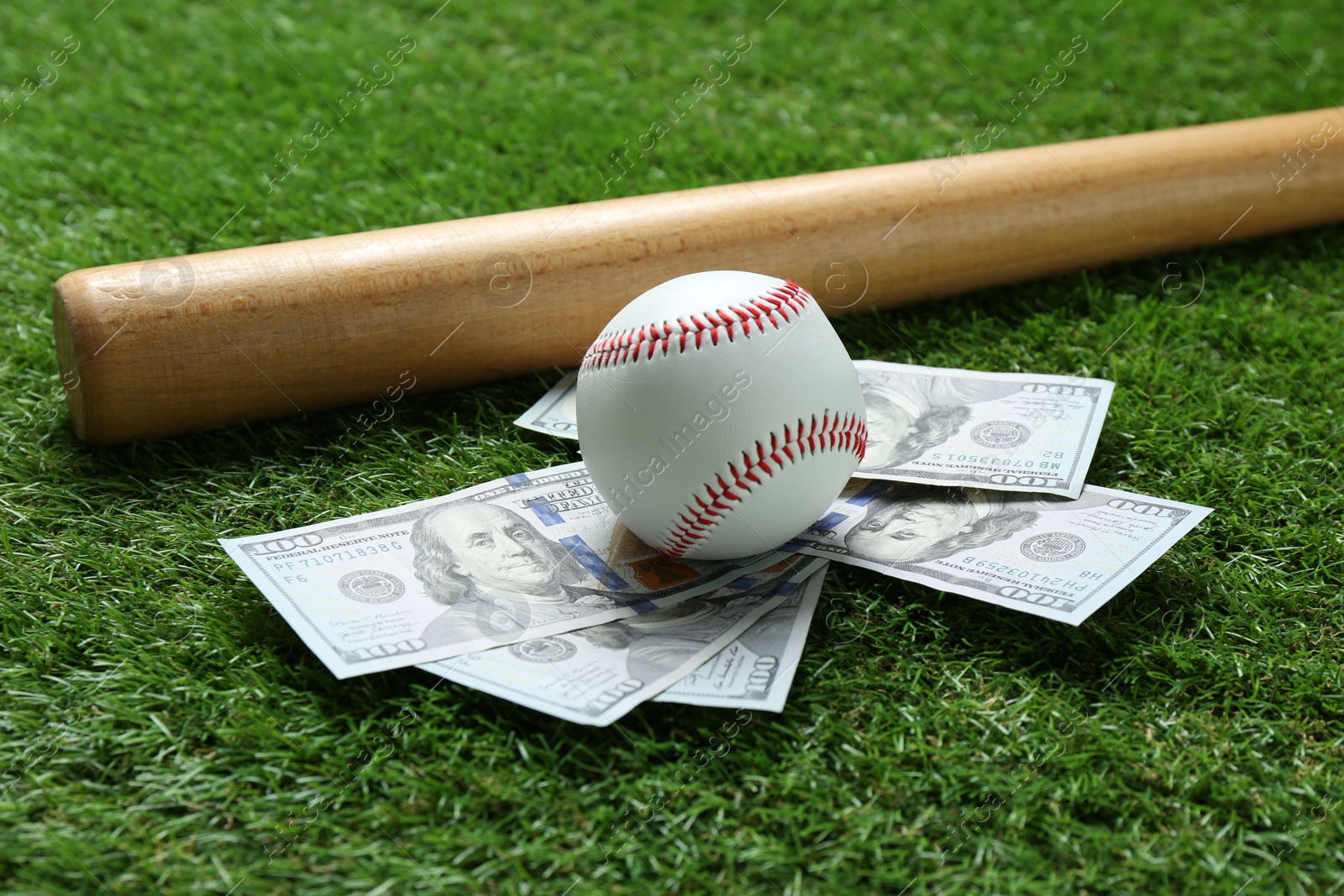 Photo of Baseball ball, bat and dollar banknotes on green grass outdoors