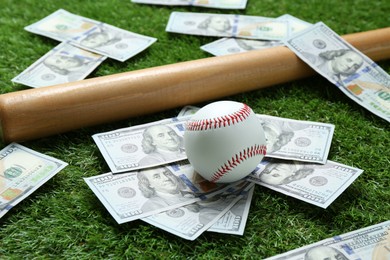 Photo of Baseball ball, bat and dollar banknotes on green grass outdoors