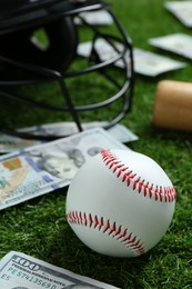 Photo of Baseball ball, bat, helmet and dollar banknotes on green grass outdoors