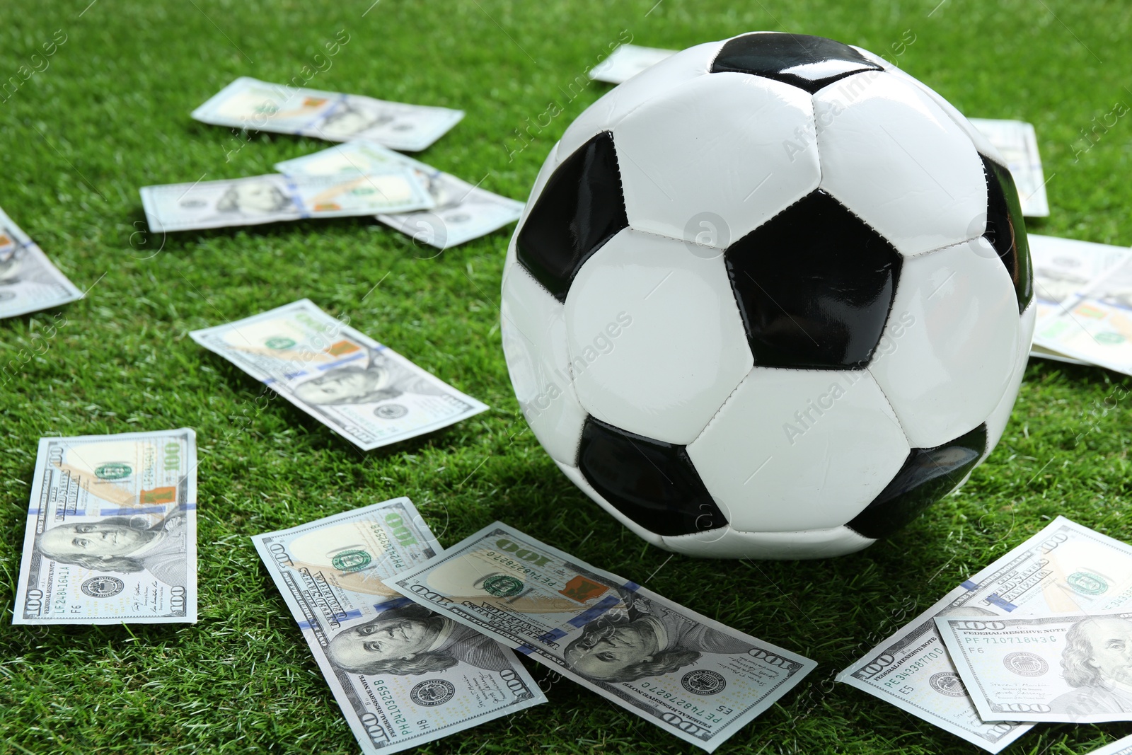 Photo of Soccer ball and dollar banknotes on green grass outdoors