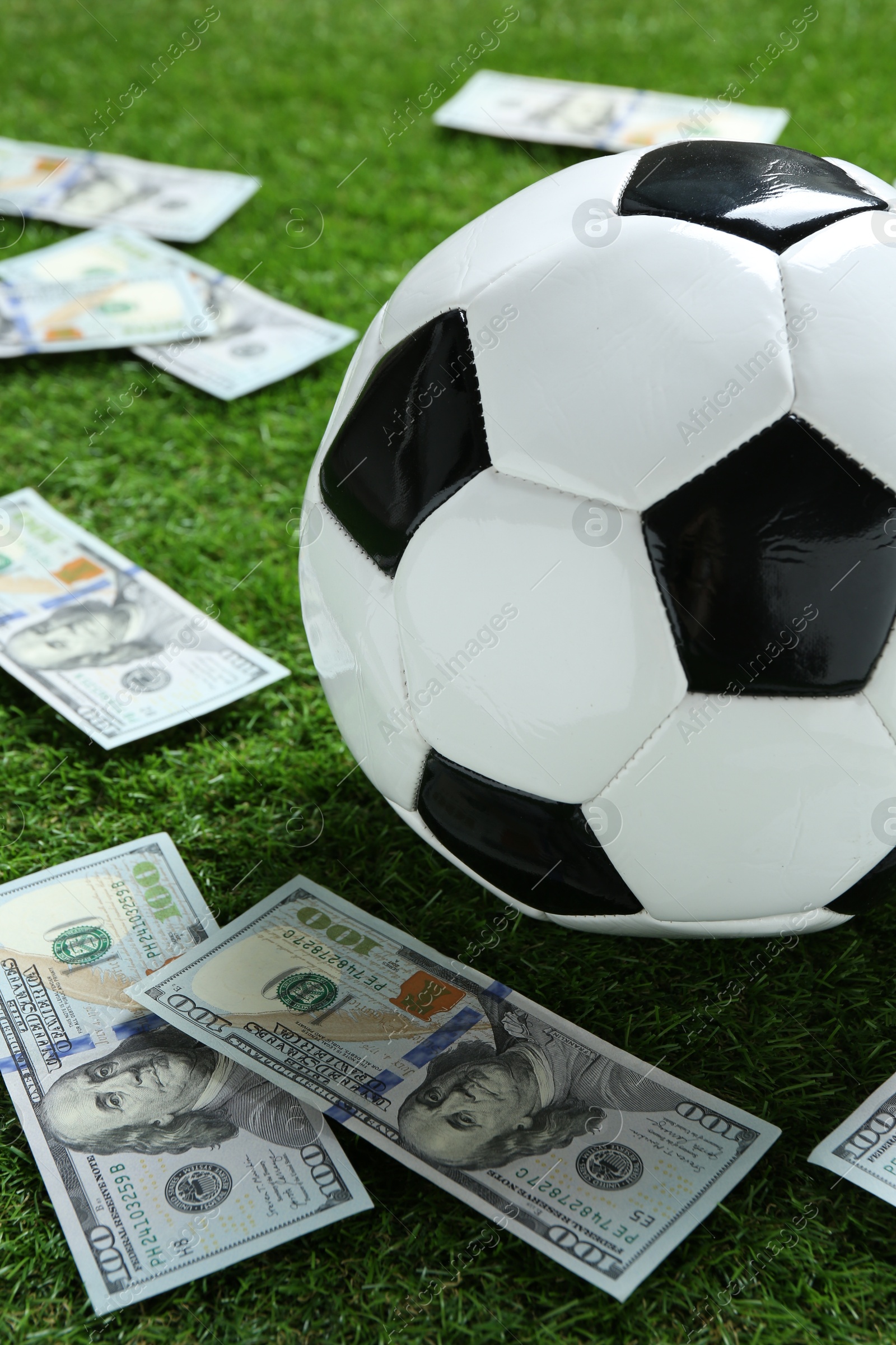 Photo of Soccer ball and dollar banknotes on green grass outdoors, closeup