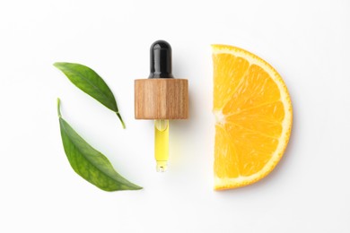 Photo of Dropper of essential oil, orange and green leaves on white background, flat lay