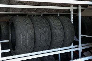 Group of car tires in auto store