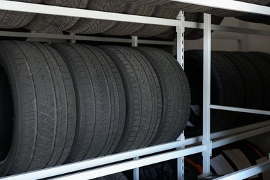 Group of car tires in auto store