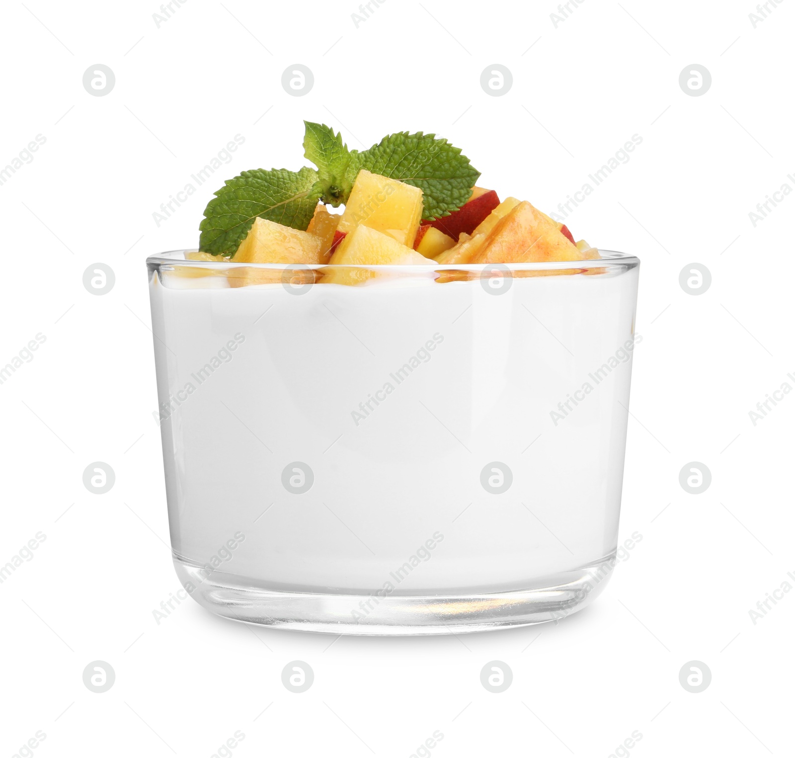 Photo of Tasty yogurt with peaches and mint in glass isolated on white