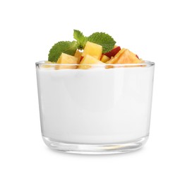 Photo of Tasty yogurt with peaches and mint in glass isolated on white