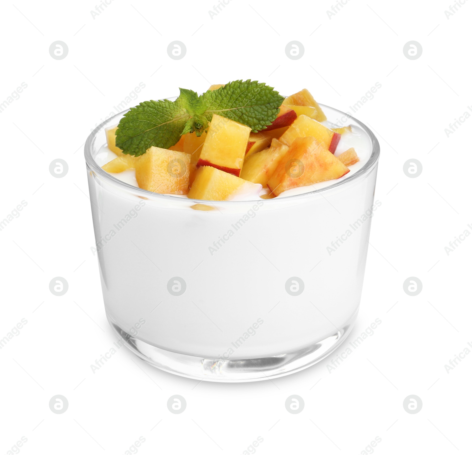 Photo of Tasty yogurt with peaches and mint in glass isolated on white