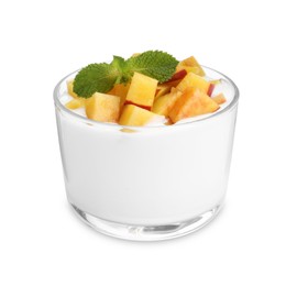 Tasty yogurt with peaches and mint in glass isolated on white