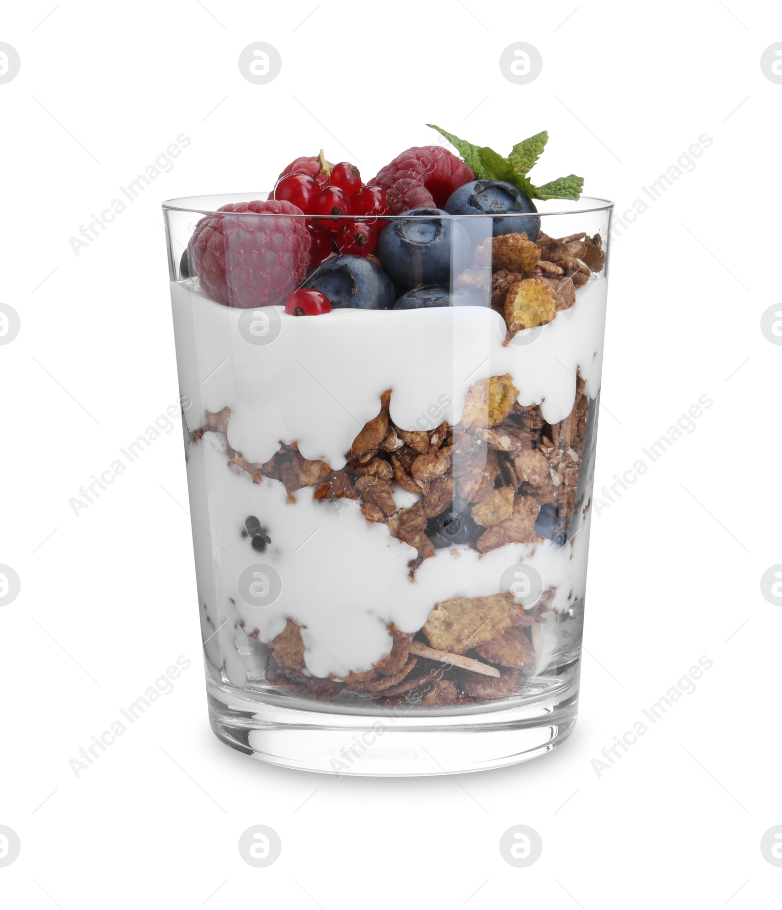 Photo of Tasty yogurt with fresh berries, granola and mint in glass isolated on white