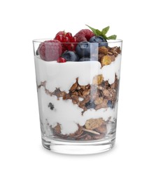 Photo of Tasty yogurt with fresh berries, granola and mint in glass isolated on white