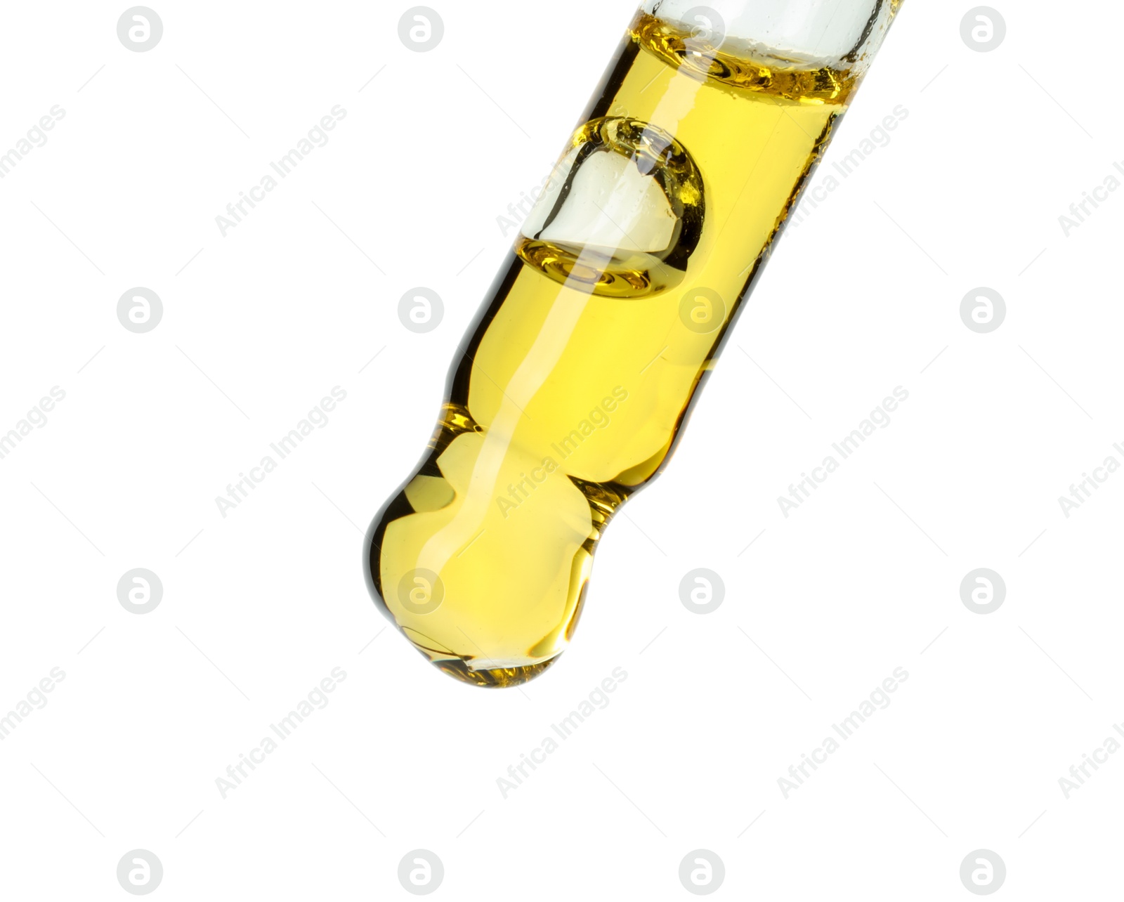 Photo of Dripping essential oil from pipette on white background