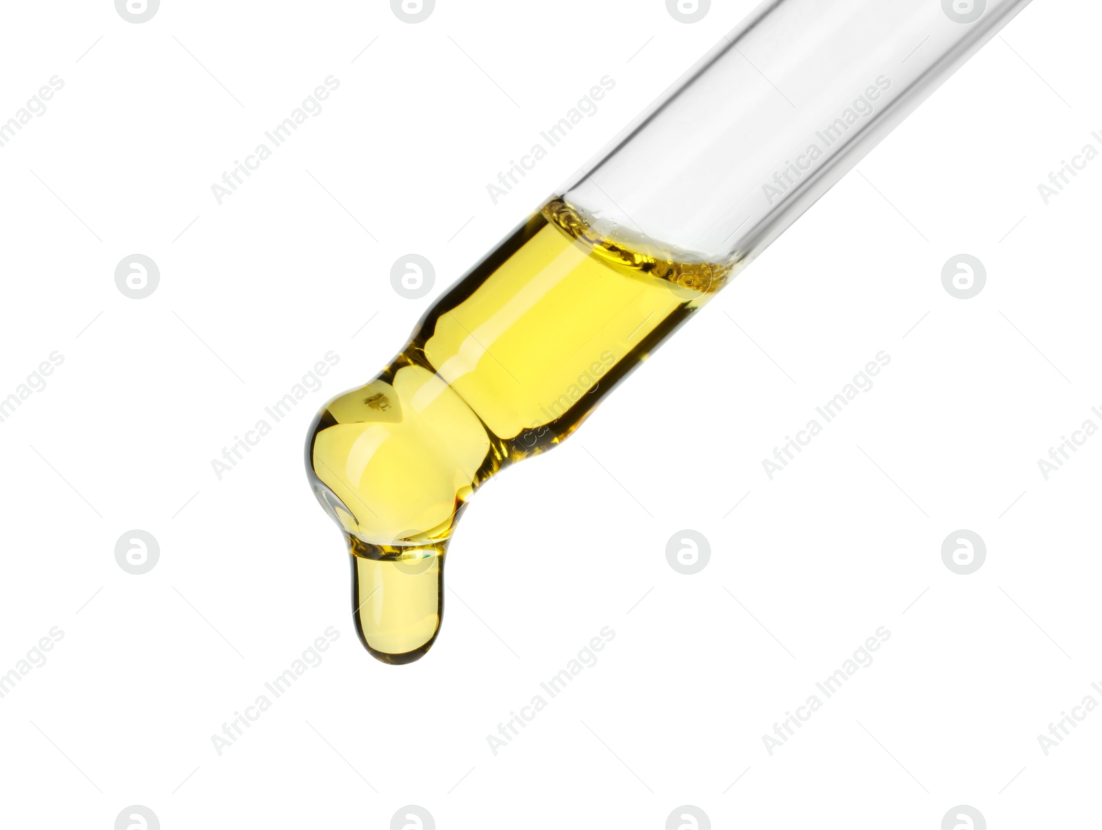 Photo of Dripping essential oil from pipette on white background