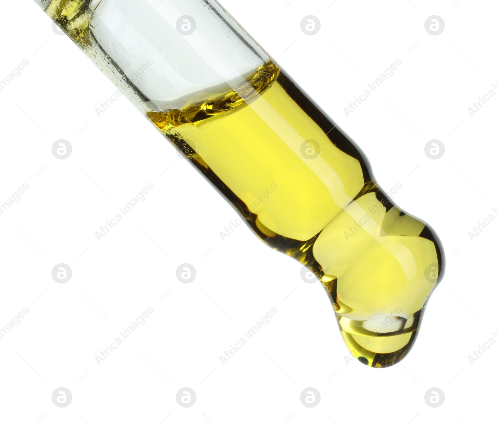 Photo of Dripping essential oil from pipette on white background