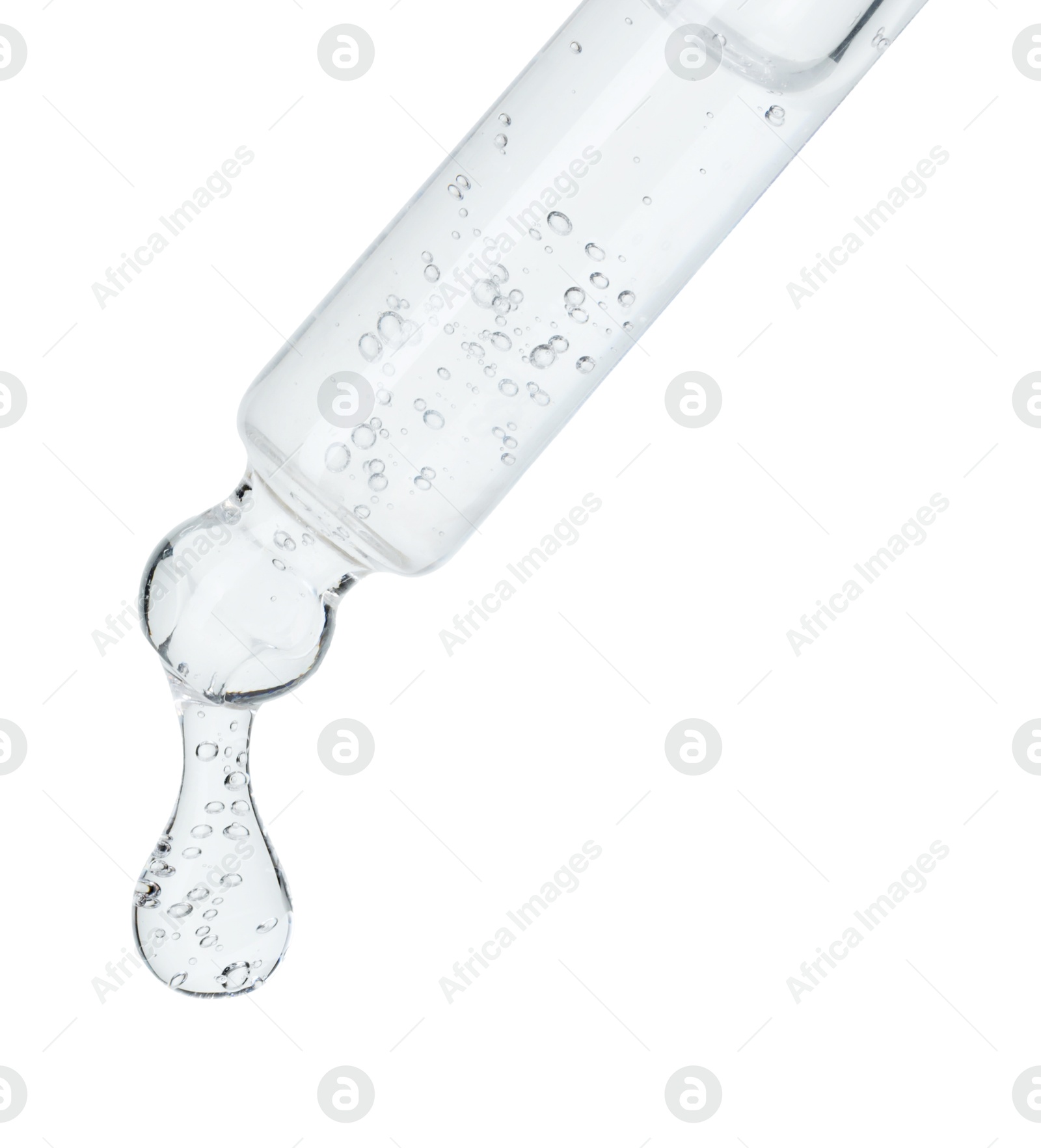 Photo of Dripping cosmetic serum from pipette on white background