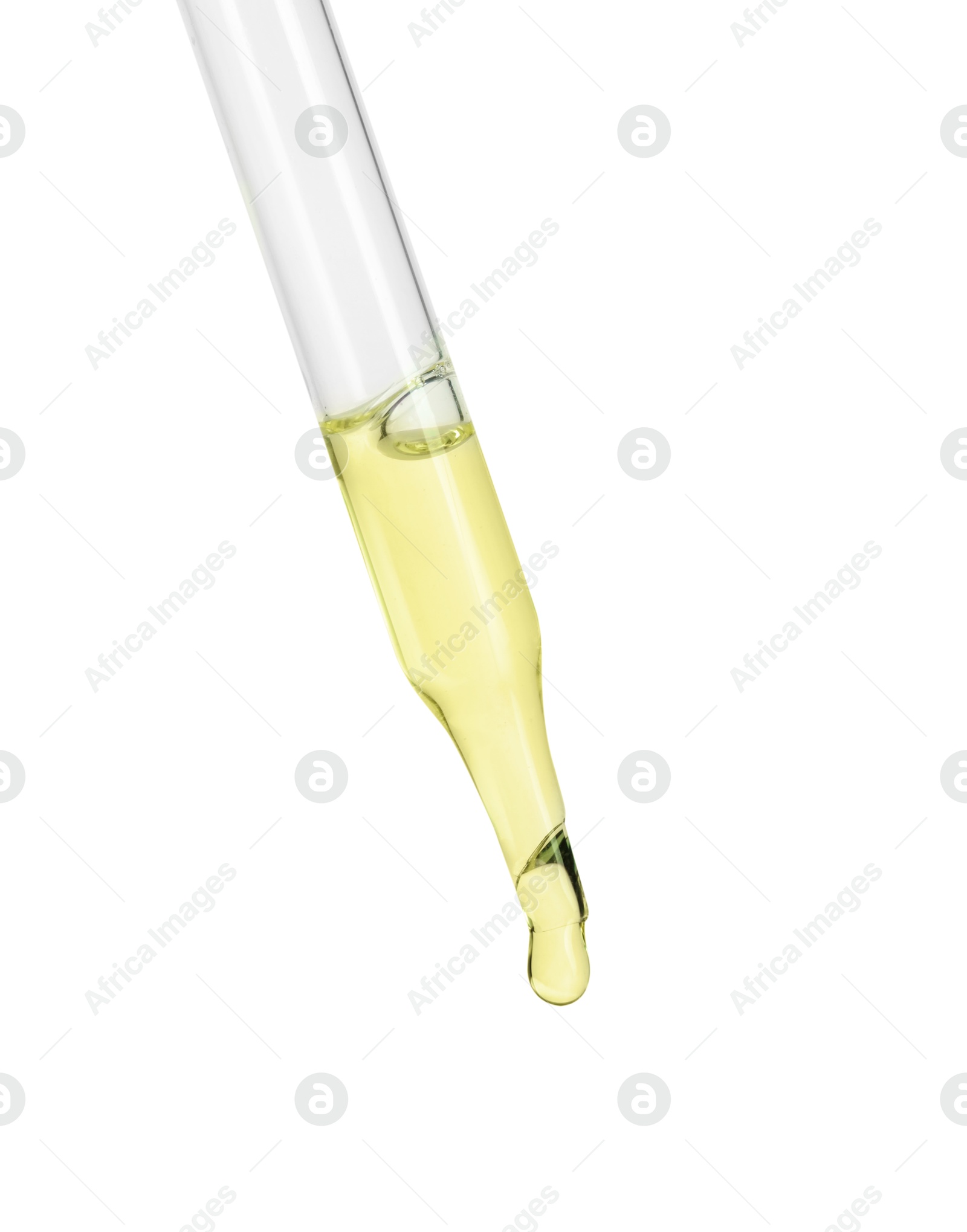 Photo of Dripping essential oil from pipette on white background