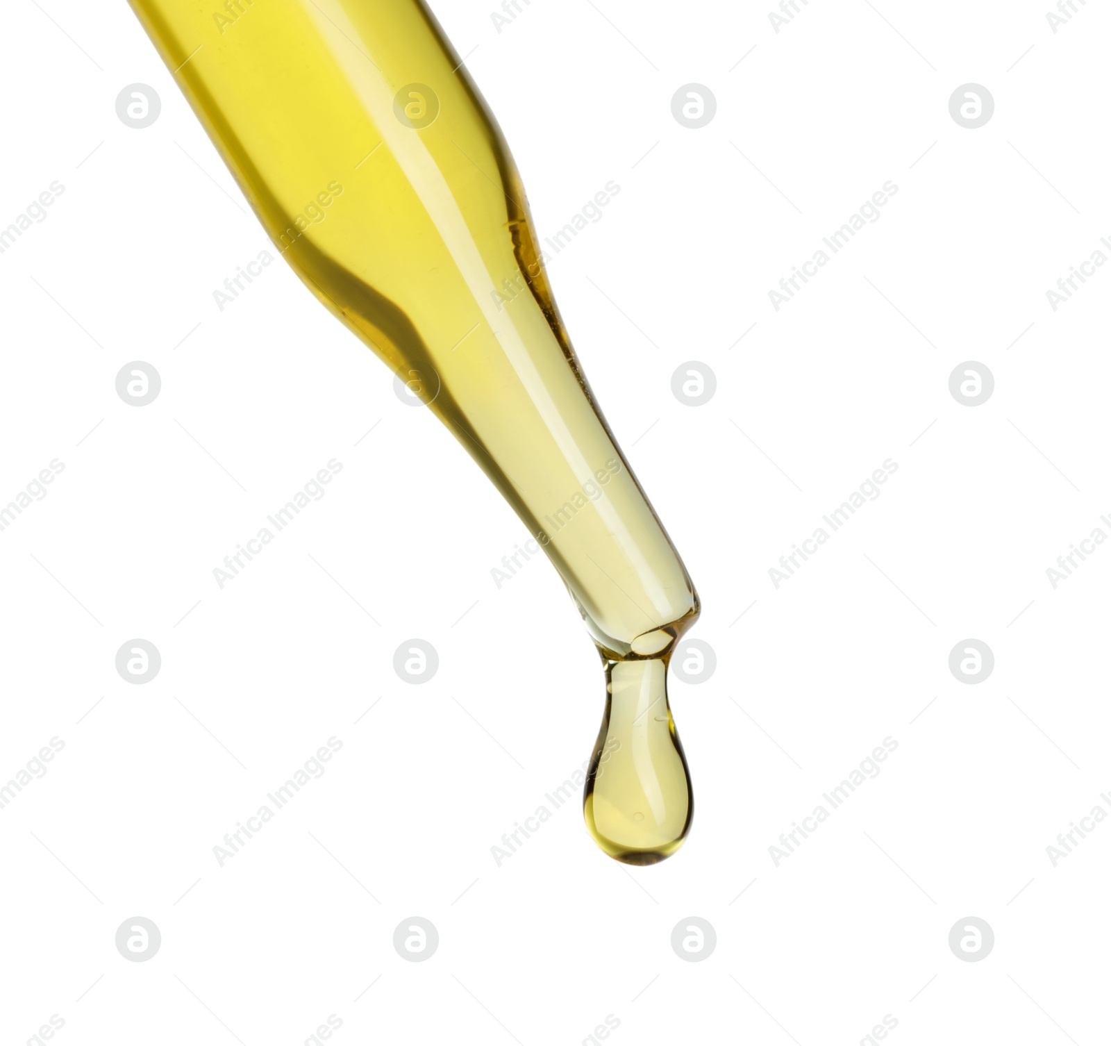 Photo of Dripping essential oil from pipette on white background