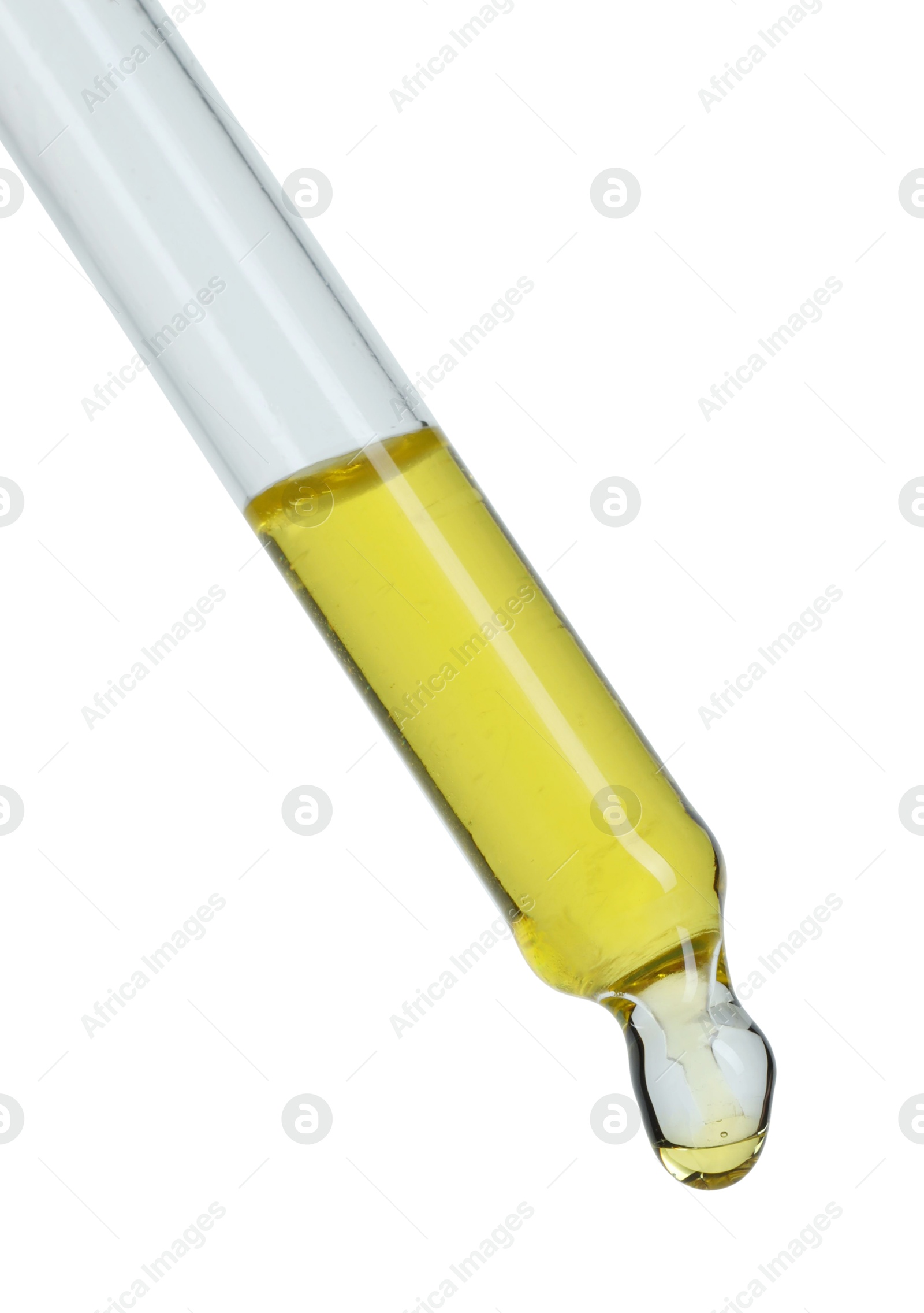 Photo of Dripping essential oil from pipette on white background