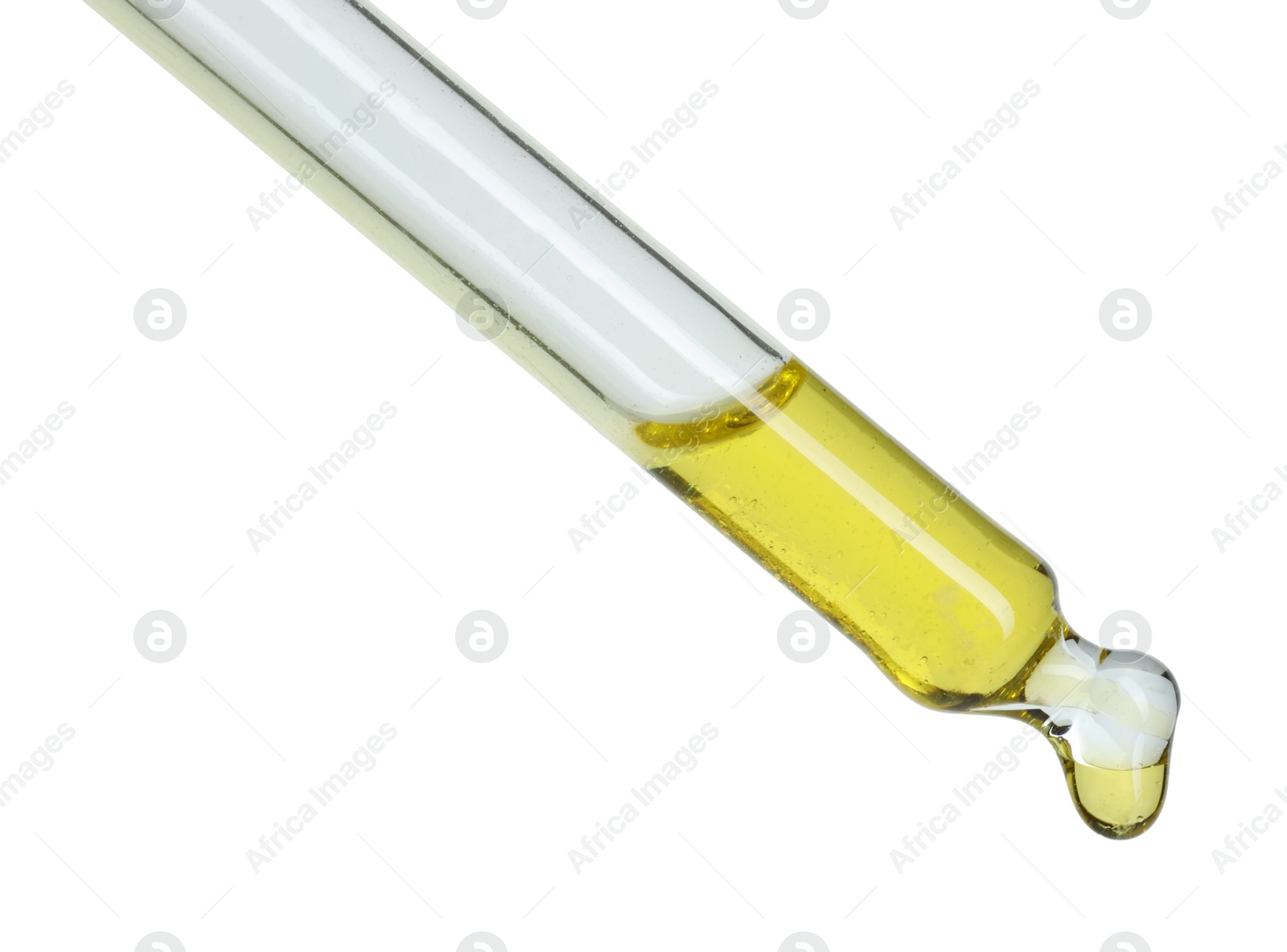 Photo of Dripping essential oil from pipette on white background