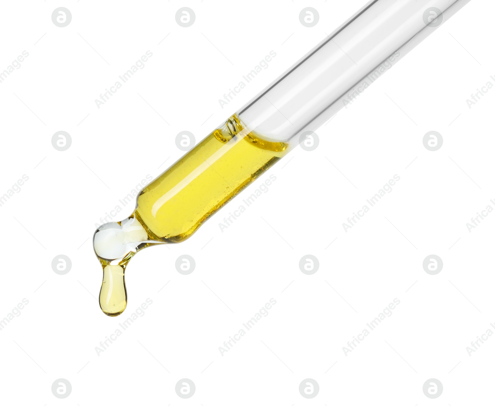 Photo of Dripping essential oil from pipette on white background