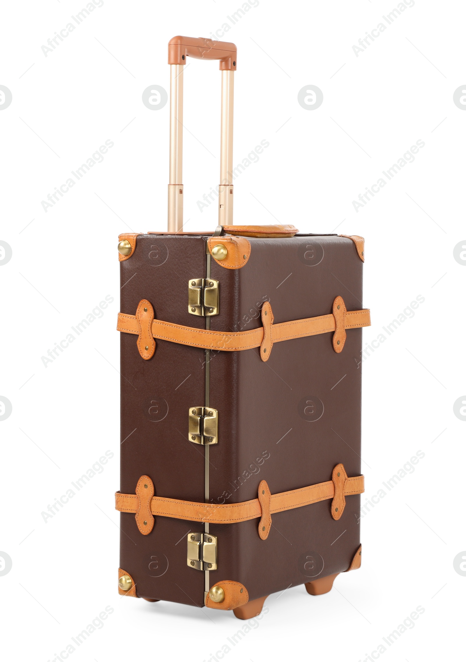 Photo of One new brown suitcase isolated on white