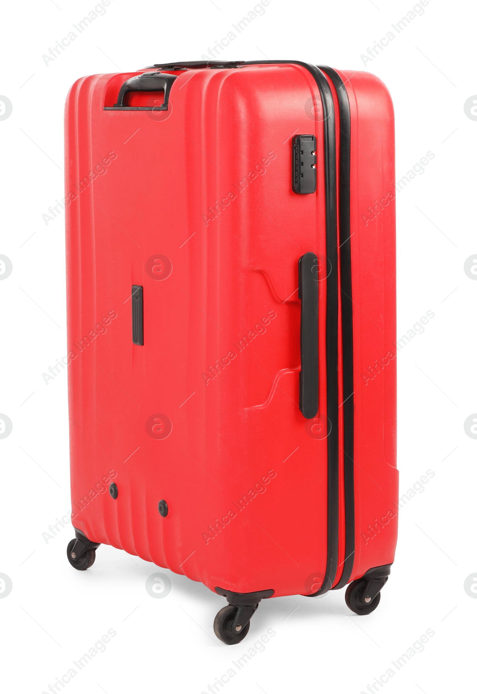 Photo of One new red suitcase isolated on white