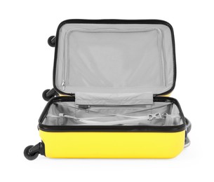 Photo of One open yellow suitcase isolated on white