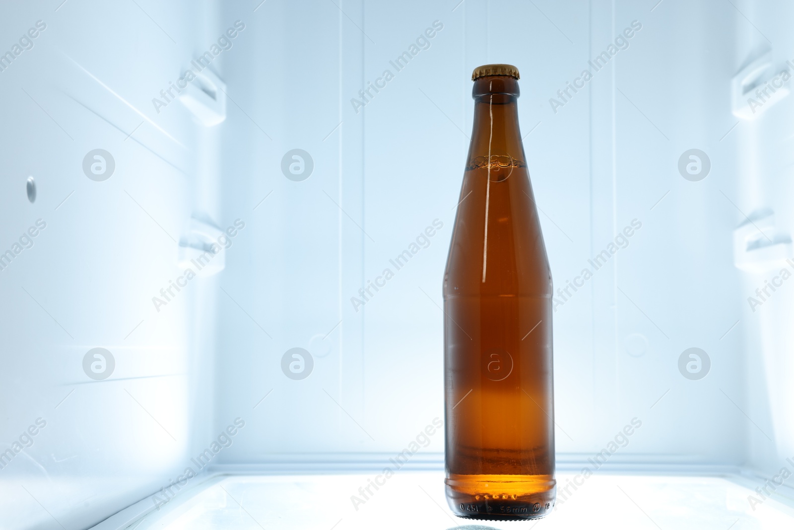 Photo of One bottle of drink in refrigerator, closeup. Space for text