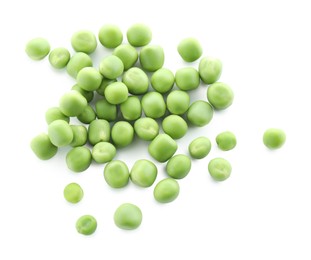 Photo of Pile of fresh green peas isolated on white, top view