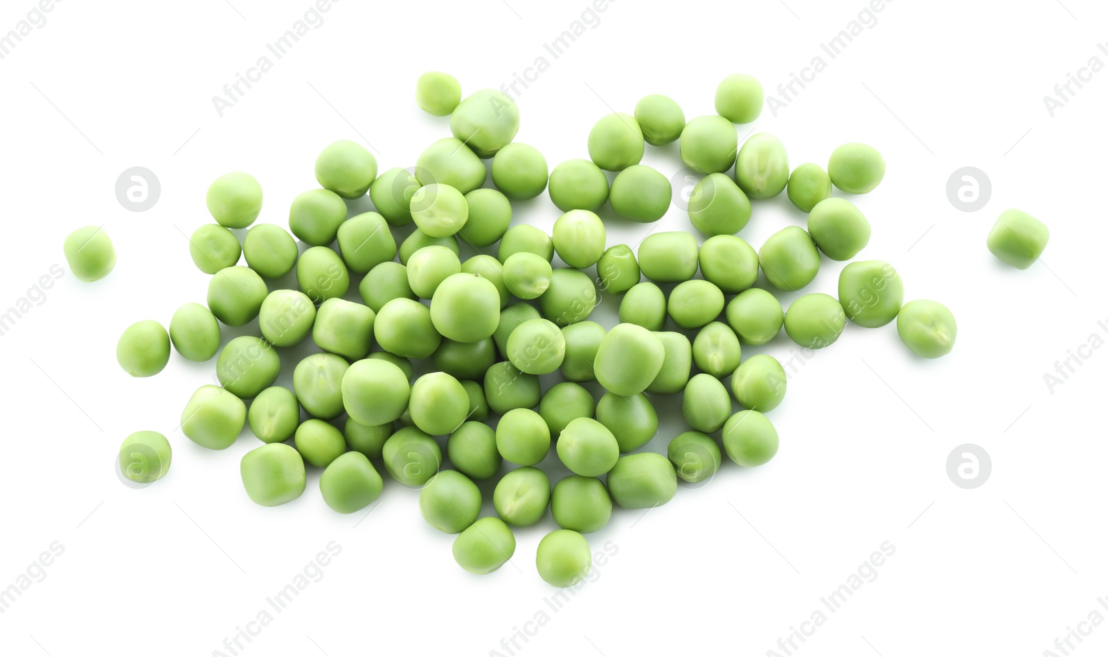 Photo of Pile of fresh green peas isolated on white, top view