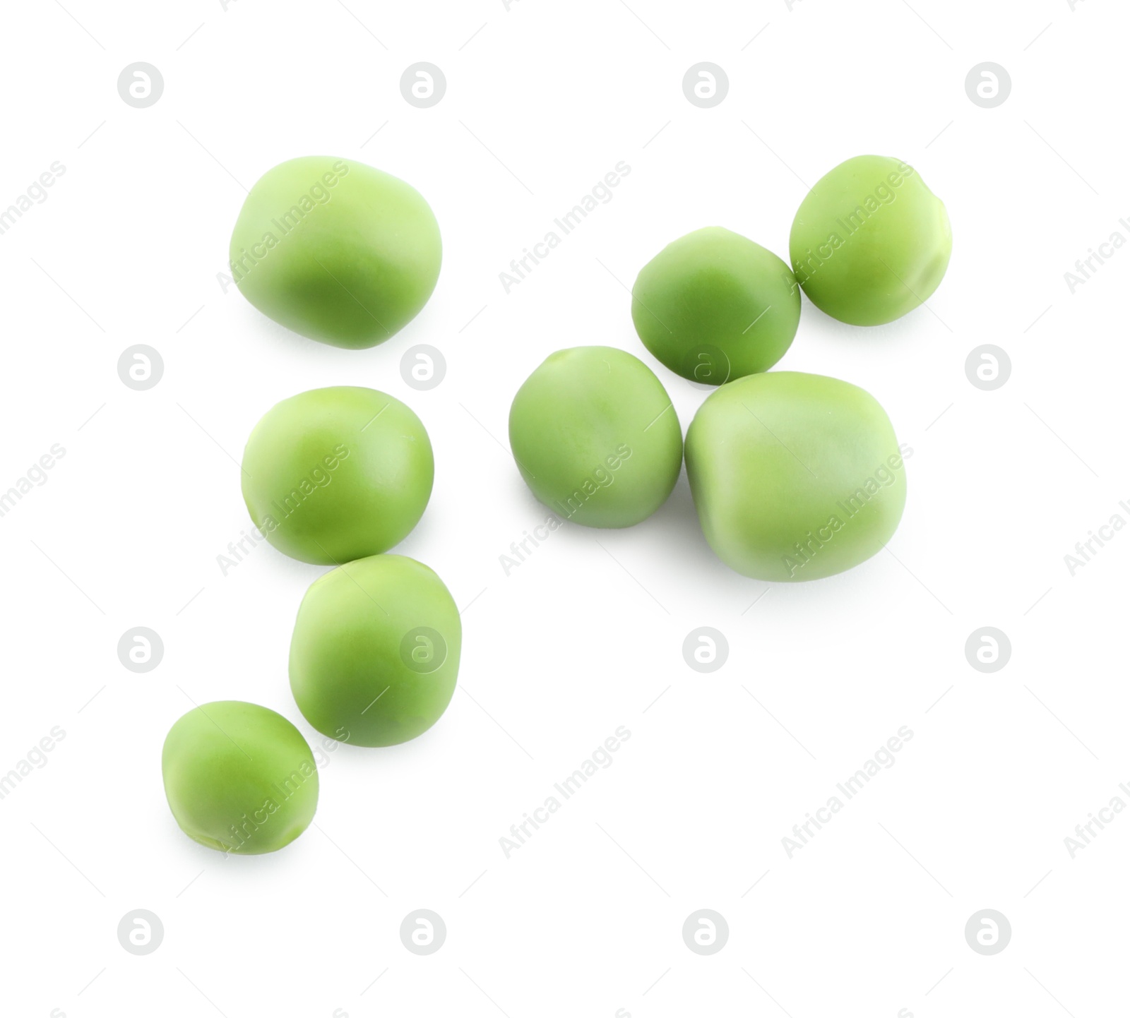 Photo of Fresh green peas isolated on white, top view