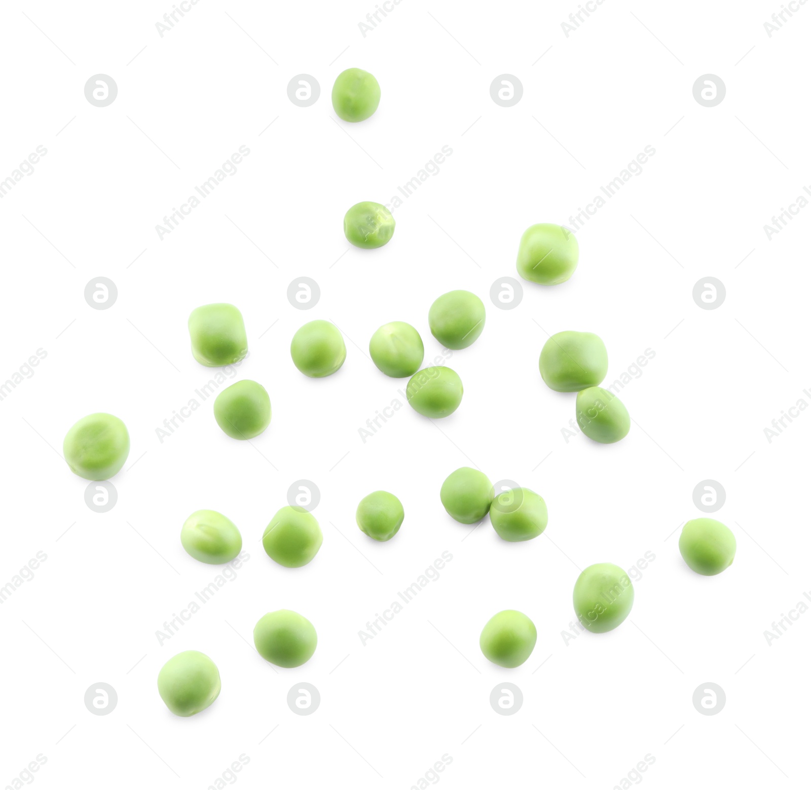 Photo of Fresh green peas isolated on white, top view