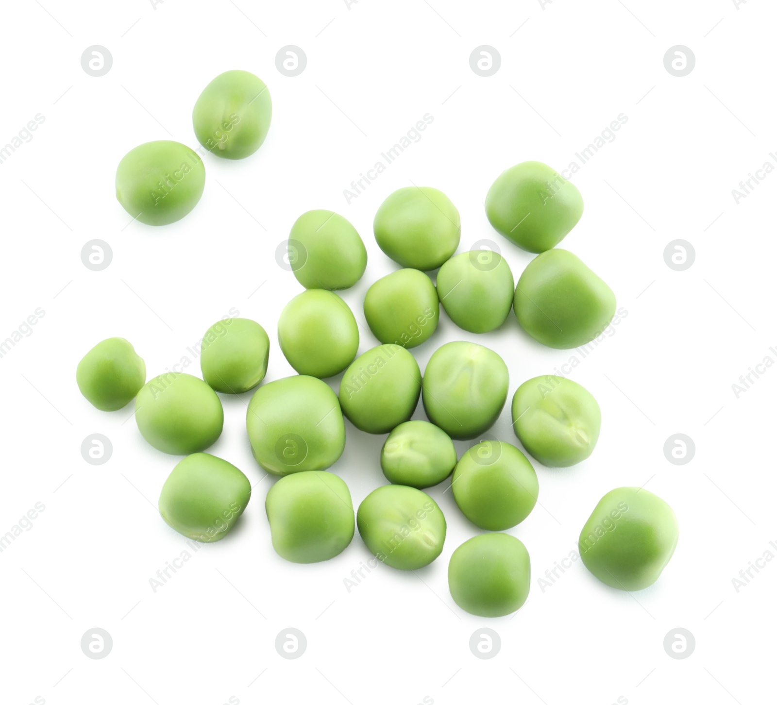 Photo of Fresh green peas isolated on white, top view