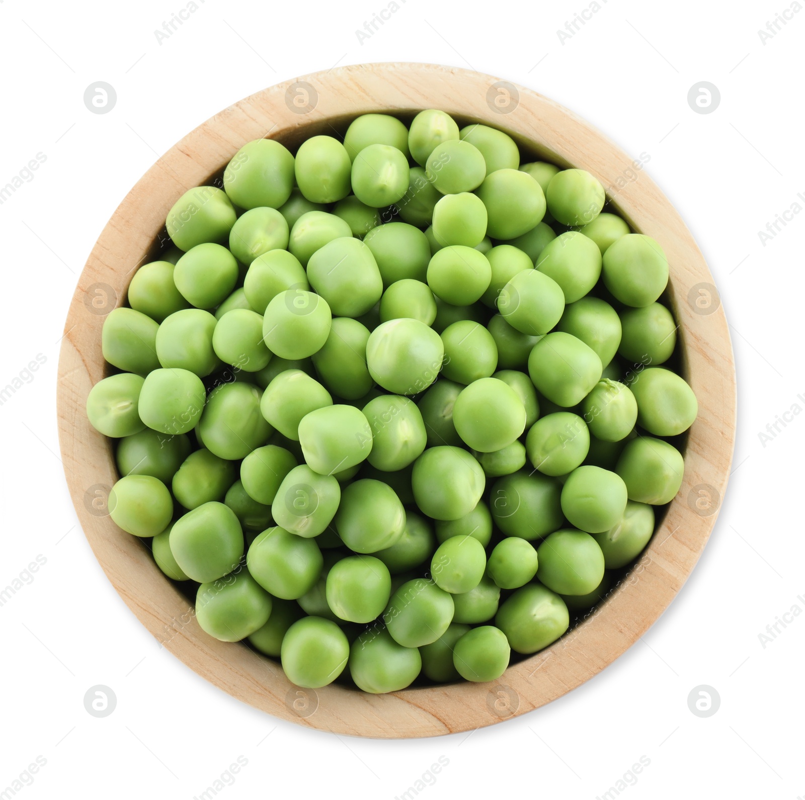 Photo of Fresh green peas in bowl isolated on white, top view