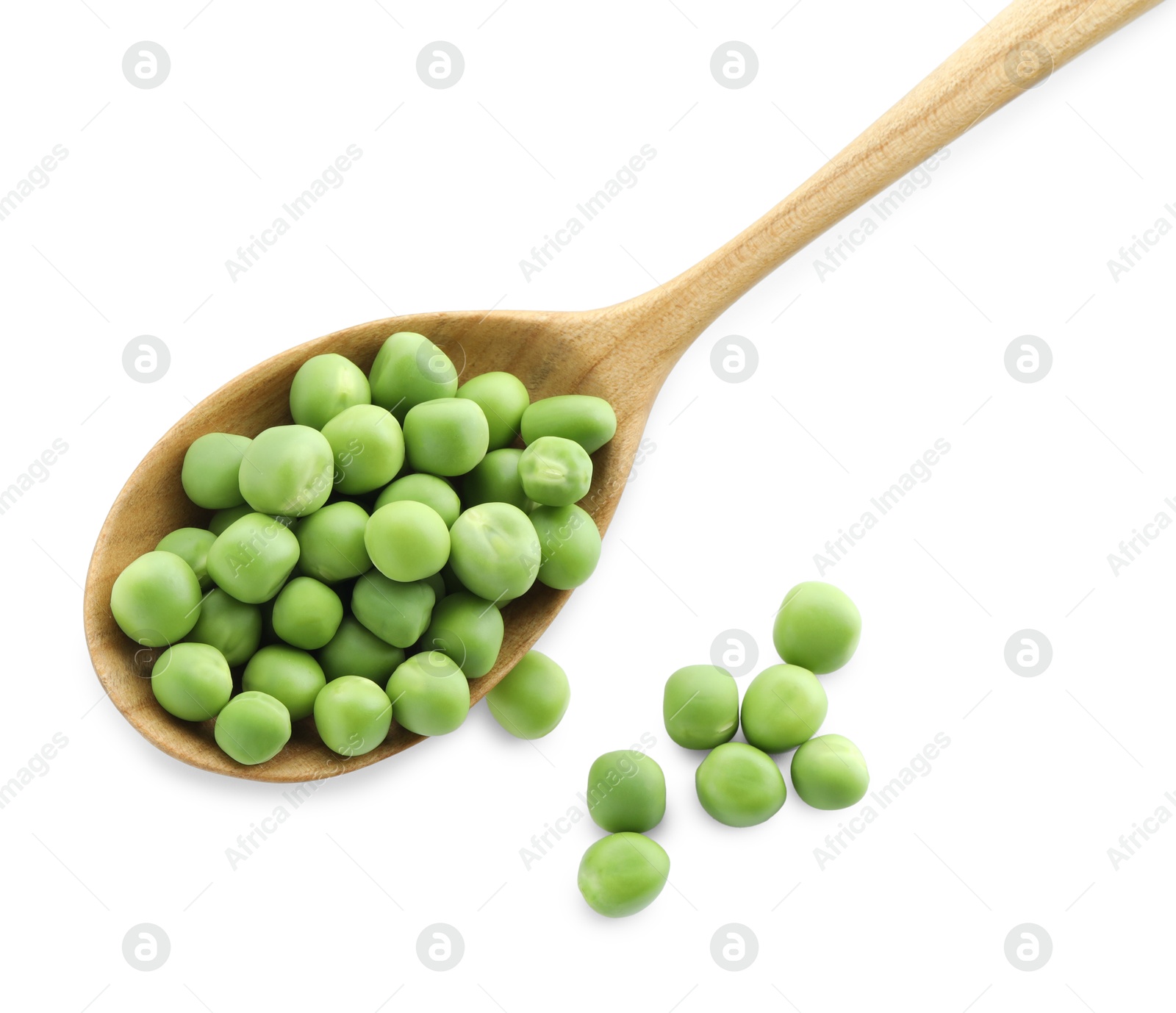 Photo of Spoon with fresh green peas isolated on white, top view