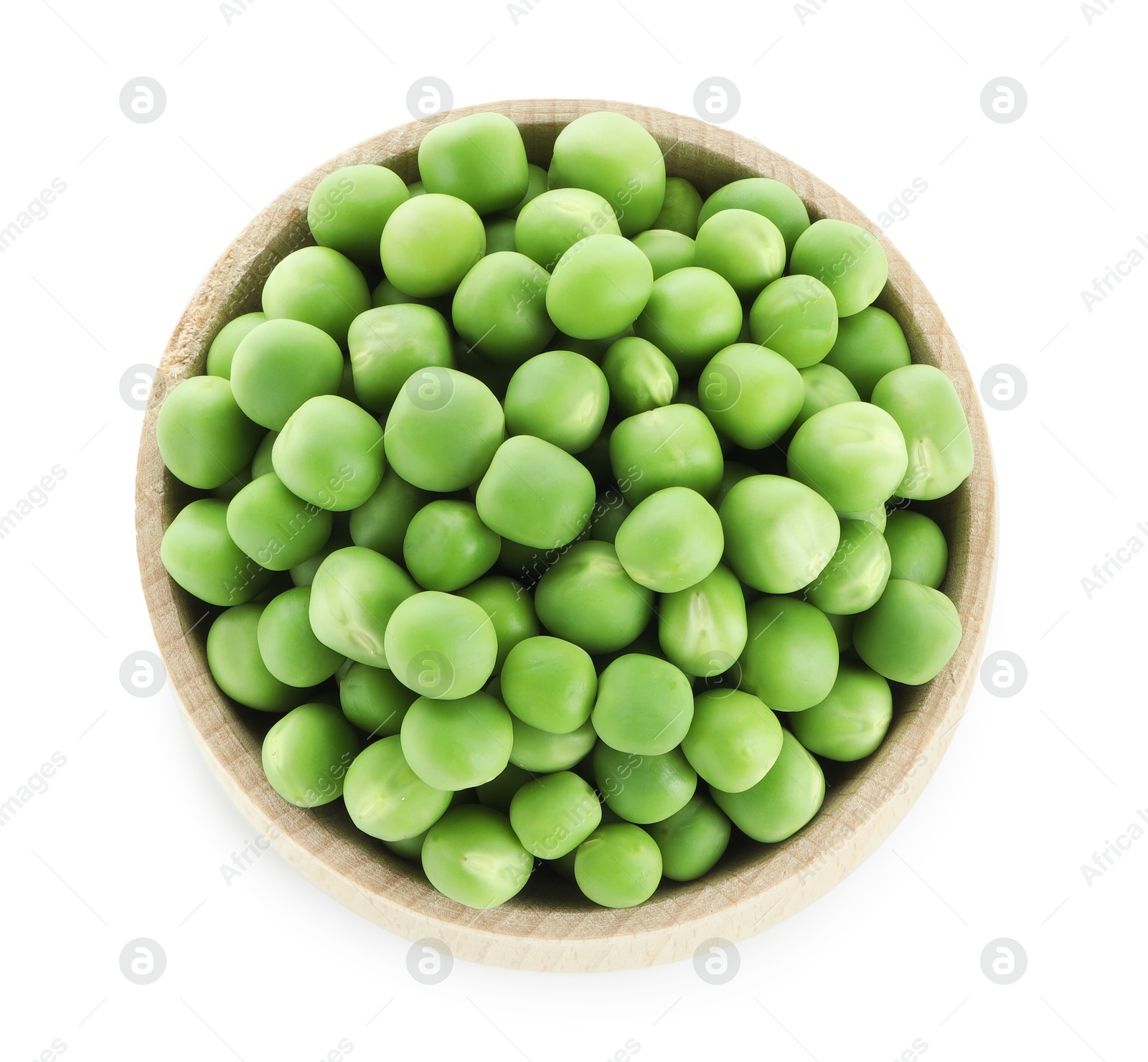 Photo of Fresh green peas in bowl isolated on white, top view